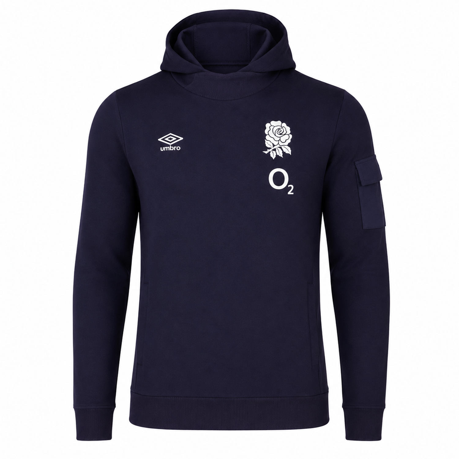 The Women's England Presentation OH Hoodie 24/25 by Umbro, from Castore, features a navy design with the Umbro logo, England rugby rose, and O2 sponsor on the chest plus a left sleeve pocket—a must-have for fans.