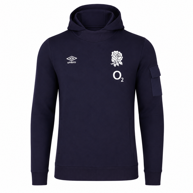 The Women's England Presentation OH Hoodie 24/25 by Umbro, from Castore, features a navy design with the Umbro logo, England rugby rose, and O2 sponsor on the chest plus a left sleeve pocket—a must-have for fans.