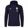 The Women's England Presentation OH Hoodie 24/25 by Umbro, from Castore, features a navy design with the Umbro logo, England rugby rose, and O2 sponsor on the chest plus a left sleeve pocket—a must-have for fans.