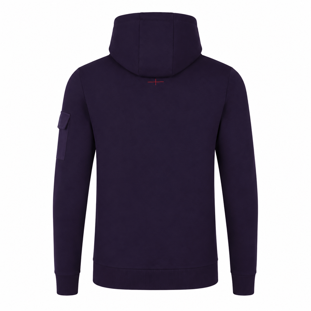 The Women's England Presentation OH Hoodie 24/25 by Umbro for Castore is displayed from the back, highlighting a patch pocket on the left sleeve and a small stitched detail below the hood.