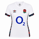 The Women's England Home Replica Jersey 24/25 by Umbro for Castore features short sleeves, a white base, blue O2 sponsor logo, red rose emblem, and navy/red stripes on the sides and sleeves; Women's Rugby Jersey.