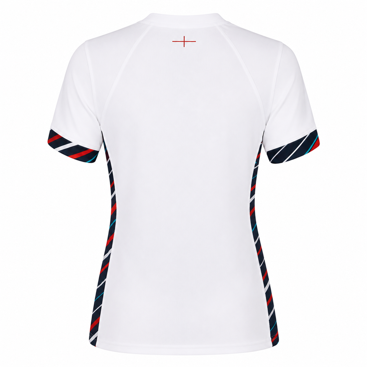 Back view of the Women's England Home Replica Jersey 24/25 by Umbro, from Castore, featuring short sleeves and diagonal red, navy, and teal stripes on the cuffs and sides, inspired by the iconic England home design.