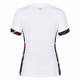Back view of the Women's England Home Replica Jersey 24/25 by Umbro, from Castore, featuring short sleeves and diagonal red, navy, and teal stripes on the cuffs and sides, inspired by the iconic England home design.