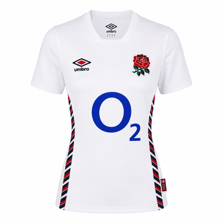 The Women's Red Roses 24/25 Home Replica Jersey by Umbro features the England rose logo, O2 sponsor, and red, white, and blue side stripes—a stylish short-sleeve Umbro jersey for Red Roses fans.