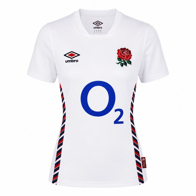 The Women's Red Roses 24/25 Home Replica Jersey by Umbro features the England rose logo, O2 sponsor, and red, white, and blue side stripes—a stylish short-sleeve Umbro jersey for Red Roses fans.