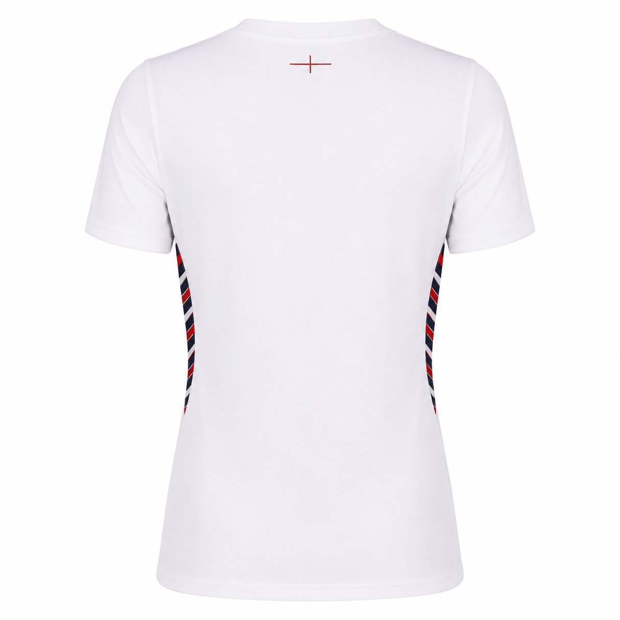 The Umbro Women's Red Roses 24/25 Home Replica Jersey is a white short-sleeve top seen from the back, with side panels showcasing bold red, white, and black diagonal stripes.