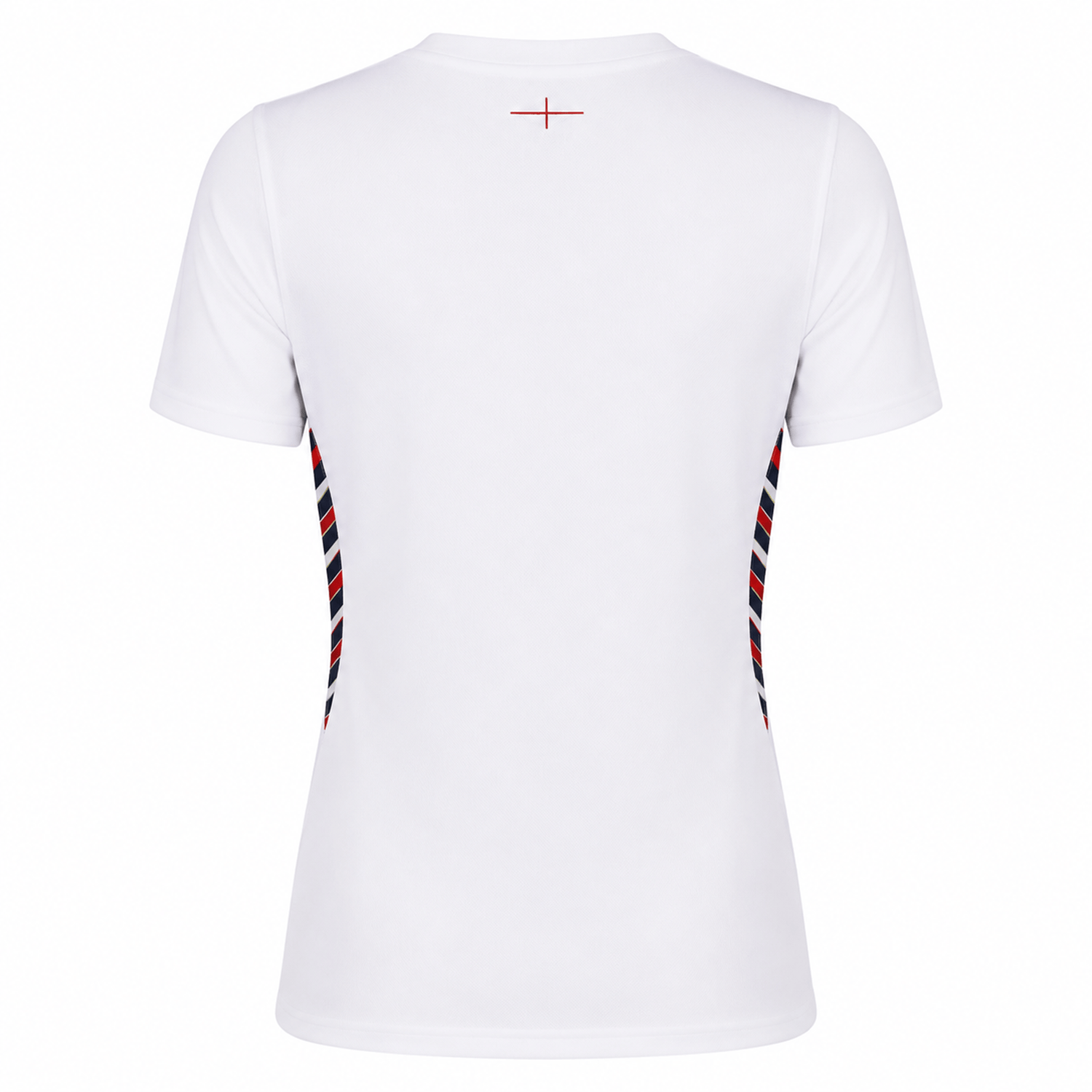 The Umbro Women's Red Roses 24/25 Home Replica Jersey is a white short-sleeve top seen from the back, with side panels showcasing bold red, white, and black diagonal stripes.