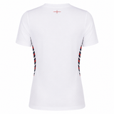 The Umbro Women's Red Roses 24/25 Home Replica Jersey is a white short-sleeve top seen from the back, with side panels showcasing bold red, white, and black diagonal stripes.