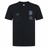 The England Presentation Tee 24/25 by Umbro, from Castore, is a black short-sleeved shirt featuring a chest pocket, Umbro logo, England Rose emblem, England Rugby details, and an "O2" graphic on the front.