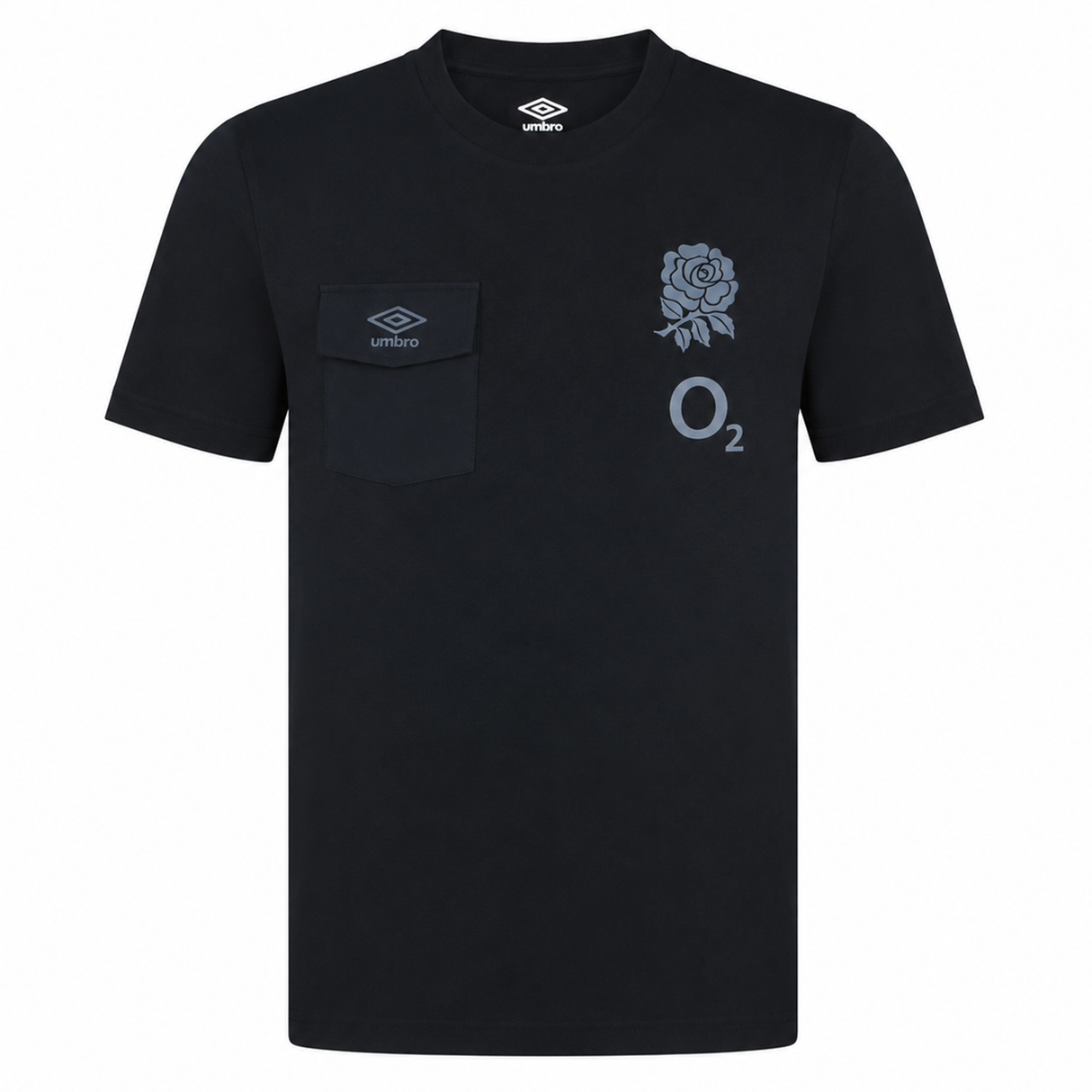 The England Presentation Tee 24/25 by Umbro, from Castore, is a black short-sleeved shirt featuring a chest pocket, Umbro logo, England Rose emblem, England Rugby details, and an "O2" graphic on the front.