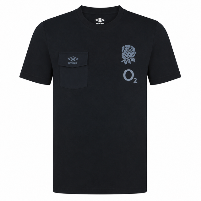 The England Presentation Tee 24/25 by Umbro, from Castore, is a black short-sleeved shirt featuring a chest pocket, Umbro logo, England Rose emblem, England Rugby details, and an "O2" graphic on the front.