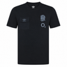 The England Presentation Tee 24/25 by Umbro, from Castore, is a black short-sleeved shirt featuring a chest pocket, Umbro logo, England Rose emblem, England Rugby details, and an "O2" graphic on the front.