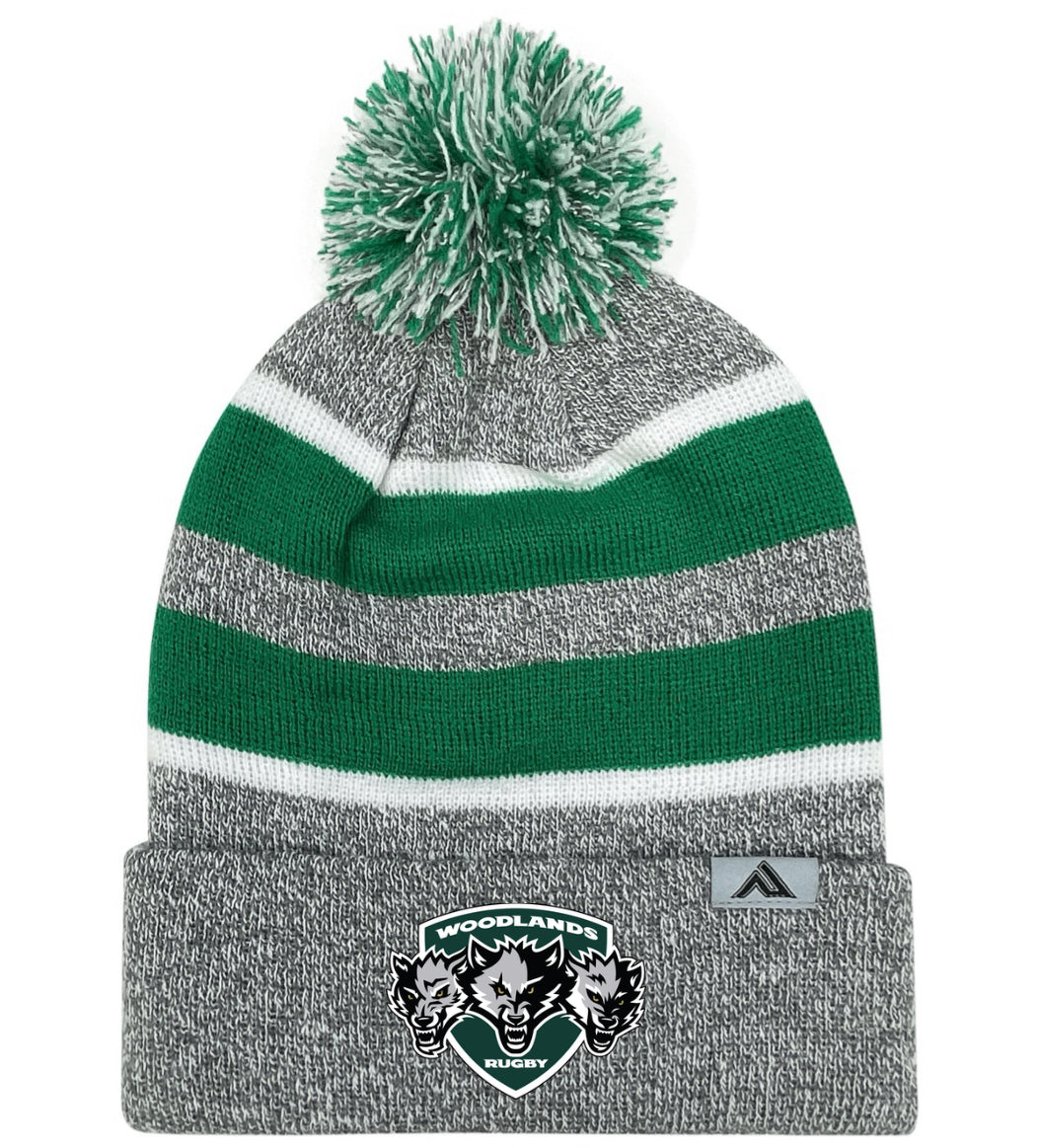 The EMB Augusta Woodlands Youth Wolfpack Hooped Beanie features gray and green hoops, a "Woodlands Rugby" wolf logo on the front fold, and a small triangle logo on the side—ideal for young fans or teams.