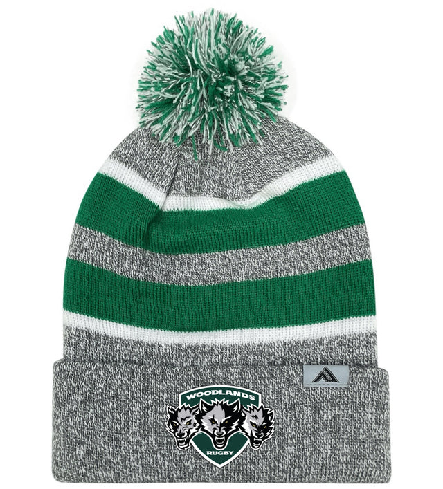 The EMB Augusta Woodlands Youth Wolfpack Hooped Beanie features gray and green hoops, a "Woodlands Rugby" wolf logo on the front fold, and a small triangle logo on the side—ideal for young fans or teams.