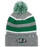 The EMB Augusta Woodlands Youth Wolfpack Hooped Beanie features gray and green hoops, a "Woodlands Rugby" wolf logo on the front fold, and a small triangle logo on the side—ideal for young fans or teams.