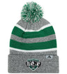 The EMB Augusta Woodlands Youth Wolfpack Hooped Beanie features gray and green hoops, a "Woodlands Rugby" wolf logo on the front fold, and a small triangle logo on the side—ideal for young fans or teams.