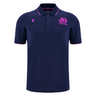 The Scotland 25/26 Player Travel Cotton Polo by Macron features navy blue with pink accents, Scottish Rugby crest, and sponsor logo on the chest. This classic polo is crafted from quality cotton by Macron.
