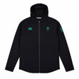 Ireland 25/26 Travel Hoodie by Canterbury – a black zip-up hooded jacket featuring green logos on the chest and sleeve, displayed flat on a white background. Perfect for any Ireland Rugby fan.
