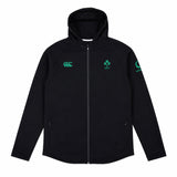 Ireland 25/26 Travel Hoodie by Canterbury – a black zip-up hooded jacket featuring green logos on the chest and sleeve, displayed flat on a white background. Perfect for any Ireland Rugby fan.