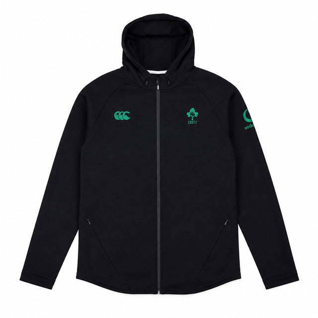 Ireland 25/26 Travel Hoodie by Canterbury – a black zip-up hooded jacket featuring green logos on the chest and sleeve, displayed flat on a white background. Perfect for any Ireland Rugby fan.