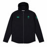 Ireland 25/26 Travel Hoodie by Canterbury – a black zip-up hooded jacket featuring green logos on the chest and sleeve, displayed flat on a white background. Perfect for any Ireland Rugby fan.