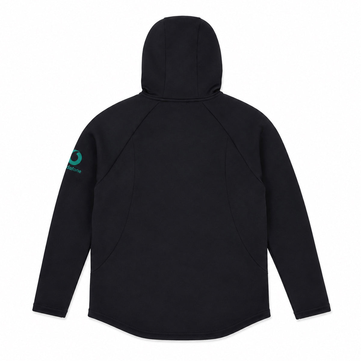 A back view of the Ireland 25/26 Travel Hoodie by Canterbury in black, featuring long sleeves and a subtle turquoise logo on the left arm—a must-have for fans seeking authentic IRFU style.