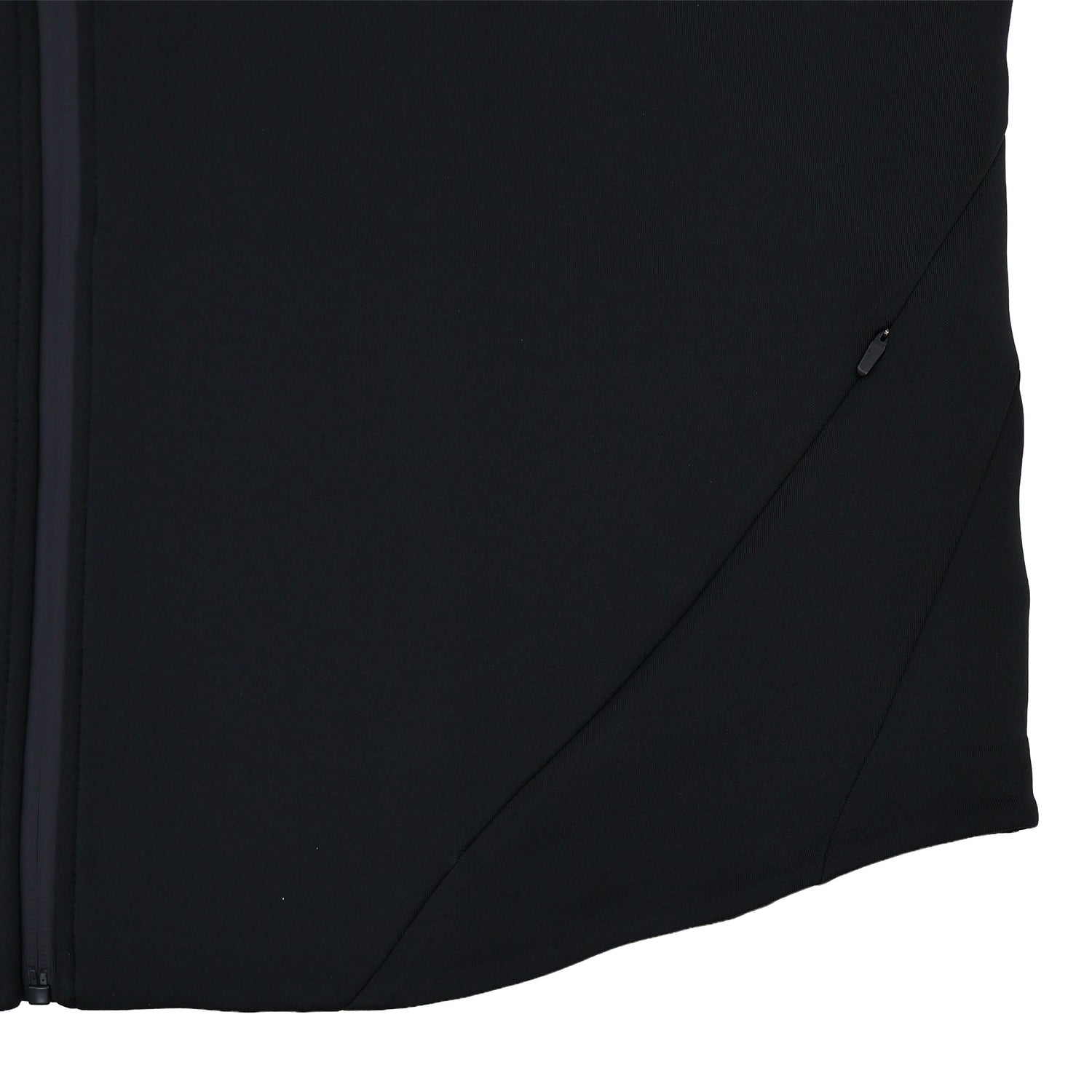 Close-up of the lower side section of the black Ireland 25/26 Travel Hoodie by Canterbury, featuring a zipper on the left and a small zippered pocket on the right side.