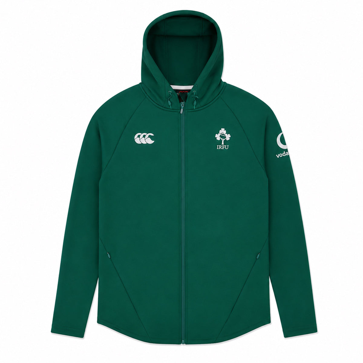 The Ireland 26 Full-Zip Tech Training Hoodie by Canterbury is a green hoodie featuring the IRFU and Canterbury logos on the front, with a Vodafone logo on the left sleeve, displayed against a white background. This Canterbury hoodie is perfect for showing your support for Ireland Rugby while staying comfortable and stylish.
