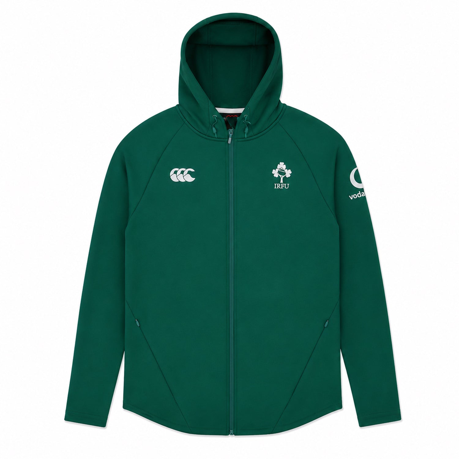 The Ireland 26 Full-Zip Tech Training Hoodie by Canterbury is a green hoodie featuring the IRFU and Canterbury logos on the front, with a Vodafone logo on the left sleeve, displayed against a white background. This Canterbury hoodie is perfect for showing your support for Ireland Rugby while staying comfortable and stylish.