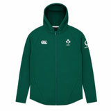 The Ireland 26 Full-Zip Tech Training Hoodie by Canterbury is a green hoodie featuring the IRFU and Canterbury logos on the front, with a Vodafone logo on the left sleeve, displayed against a white background. This Canterbury hoodie is perfect for showing your support for Ireland Rugby while staying comfortable and stylish.
