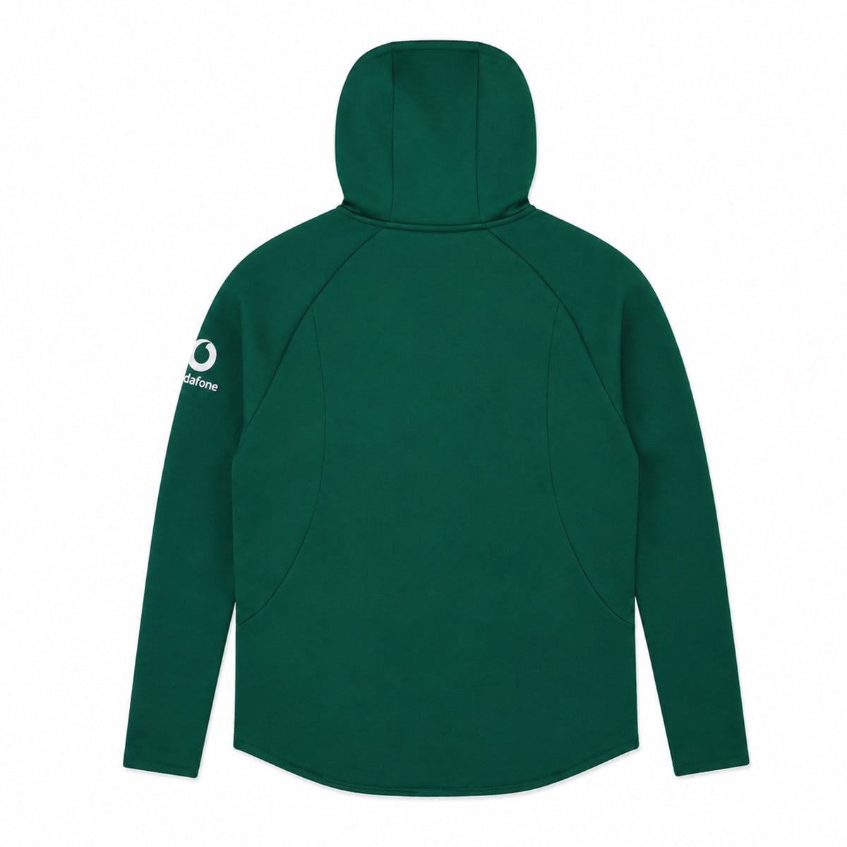 The Ireland 26 Full-Zip Tech Training Hoodie by Canterbury is displayed from the back in dark green, featuring a white circular logo and text on the right sleeve. Inspired by classic Canterbury training hoodies, this design maintains a minimal look with no visible fastenings or pockets.