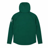 The Ireland 26 Full-Zip Tech Training Hoodie by Canterbury is displayed from the back in dark green, featuring a white circular logo and text on the right sleeve. Inspired by classic Canterbury training hoodies, this design maintains a minimal look with no visible fastenings or pockets.