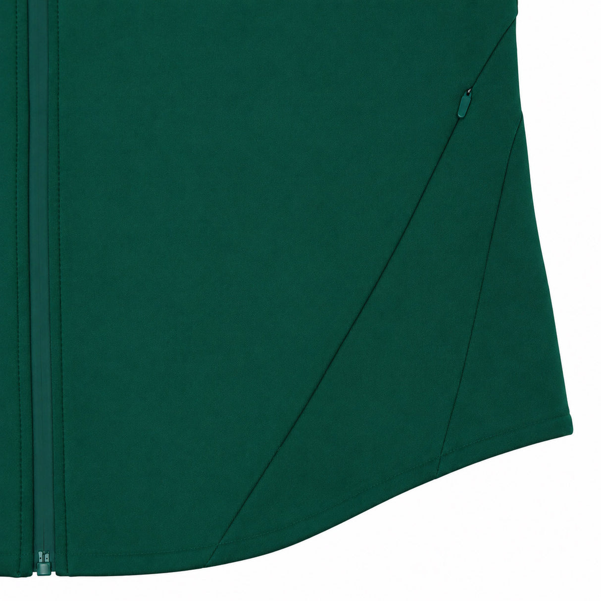 Close-up of the Ireland 26 Full-Zip Tech Training Hoodie by Canterbury in green, highlighting the side and lower front with visible seam details, a zipper, and a zippered side pocket—crafted by Canterbury for sporty style inspired by Ireland Rugby.