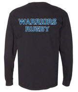 The Fort Hunt Long Sleeve Comfort Tee by WRS S&S Activewear is a black tee made from 100% ring-spun cotton, featuring "WARRIORS RUGBY" in bold blue and white on the upper back for style and comfort.