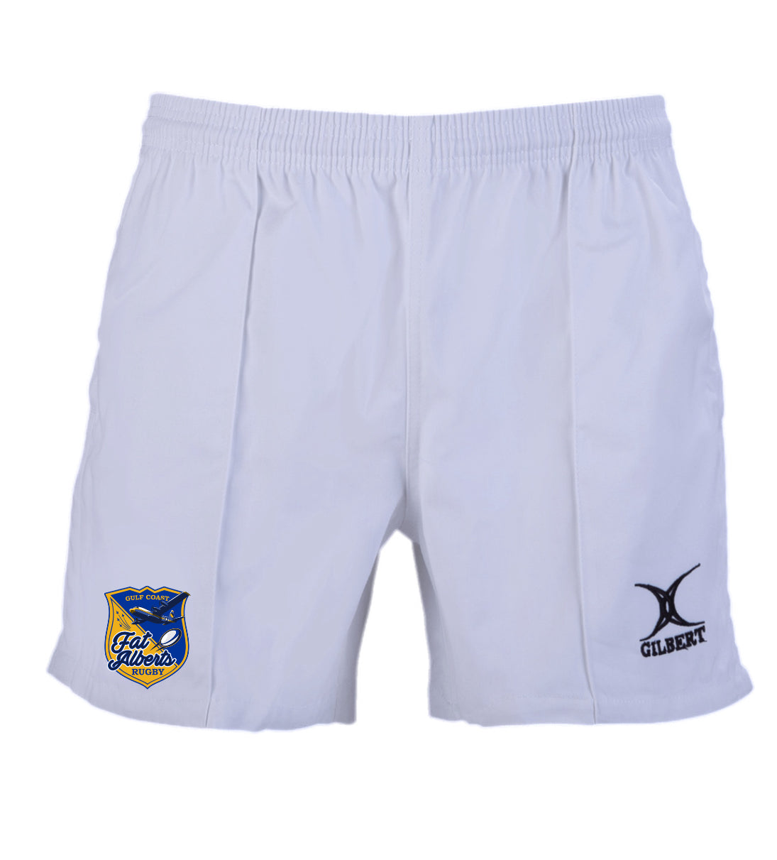 Gulf Coast Fat Alberts Gilbert Kiwi Pro Rugby Shorts by Gilbert offer comfort and style, with an elastic waistband, "Gilbert" logo on the right leg, and "Fat Alberts Rugby" crest on the left—ideal on or off the field.
