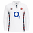 The Women's England 24/25 Home Classic LS Jersey by Umbro features a classic white design with blue and red striped trim, Umbro logo, red rose crest, and O2 sponsor—a timeless choice for England rugby fans.