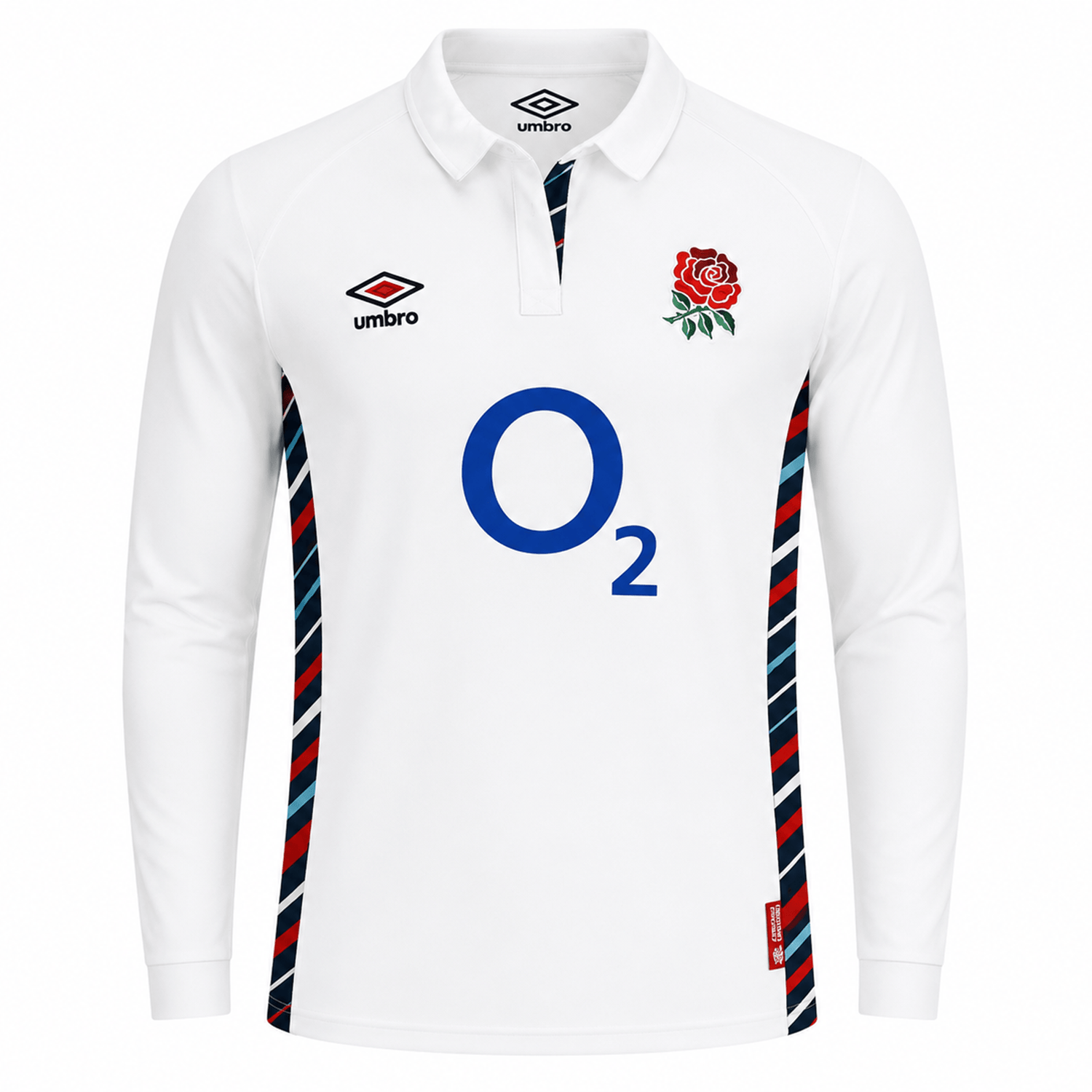 The Women's England 24/25 Home Classic LS Jersey by Umbro features a classic white design with blue and red striped trim, Umbro logo, red rose crest, and O2 sponsor—a timeless choice for England rugby fans.