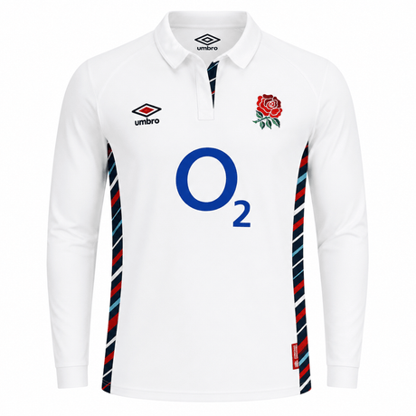 The Women's England 24/25 Home Classic LS Jersey by Umbro features a classic white design with blue and red striped trim, Umbro logo, red rose crest, and O2 sponsor—a timeless choice for England rugby fans.