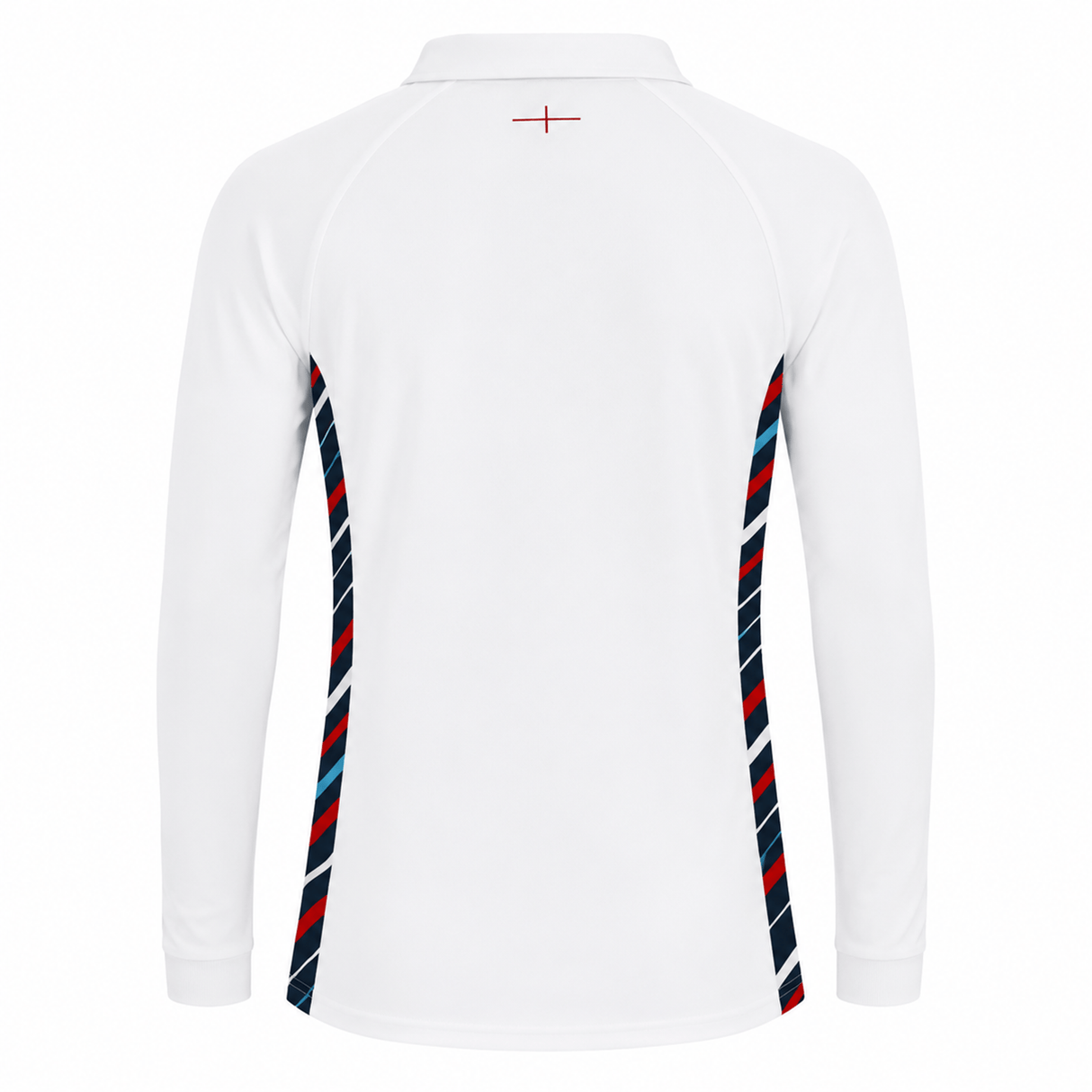 The Umbro Women's England 24/25 Home Classic LS Jersey features navy, red, and light blue diagonal stripes on the side seams, a small red cross below the collar, and a stylish back view—perfect for England rugby fans.