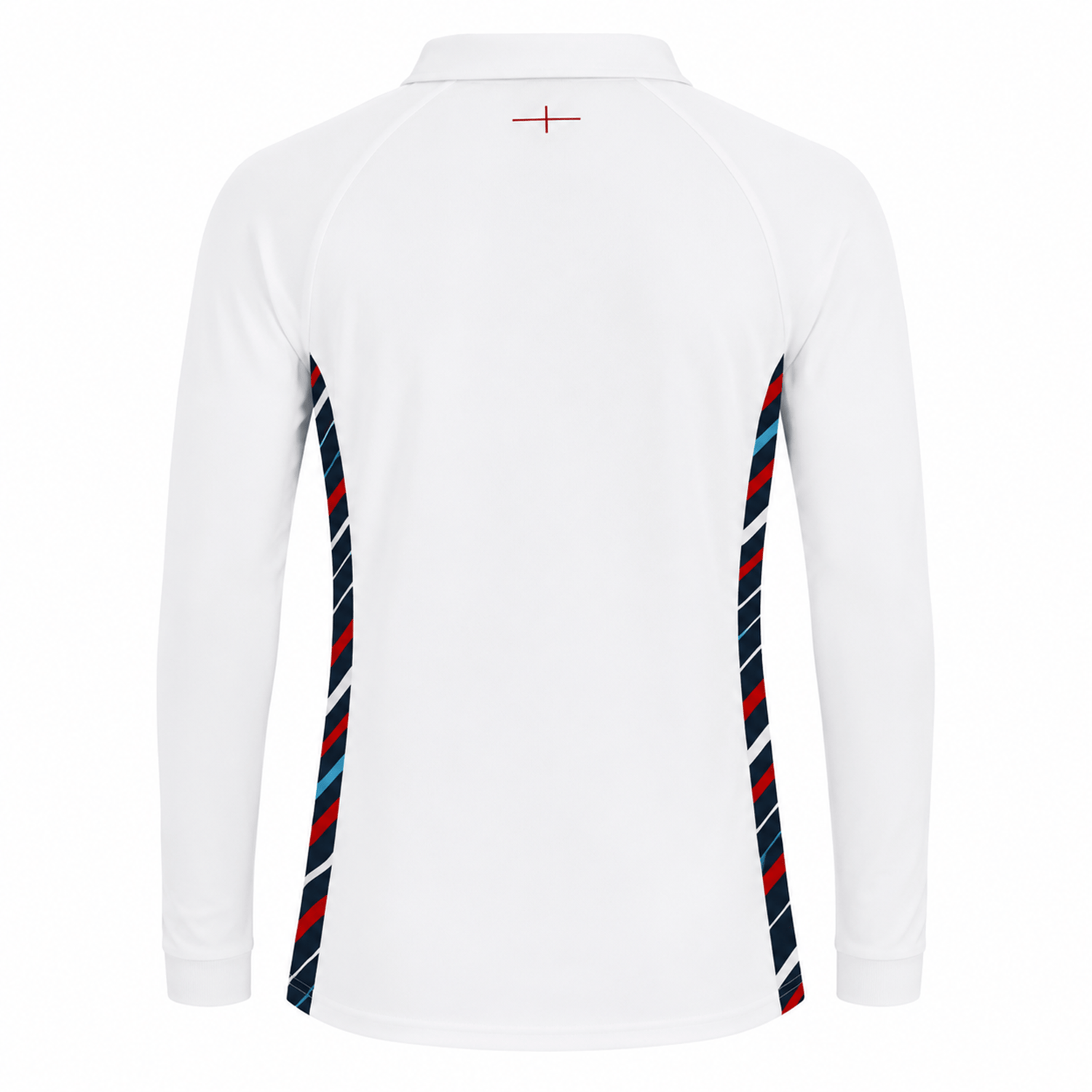 The Umbro Women's England 24/25 Home Classic LS Jersey features navy, red, and light blue diagonal stripes on the side seams, a small red cross below the collar, and a stylish back view—perfect for England rugby fans.