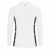 The Umbro Women's England 24/25 Home Classic LS Jersey features navy, red, and light blue diagonal stripes on the side seams, a small red cross below the collar, and a stylish back view—perfect for England rugby fans.