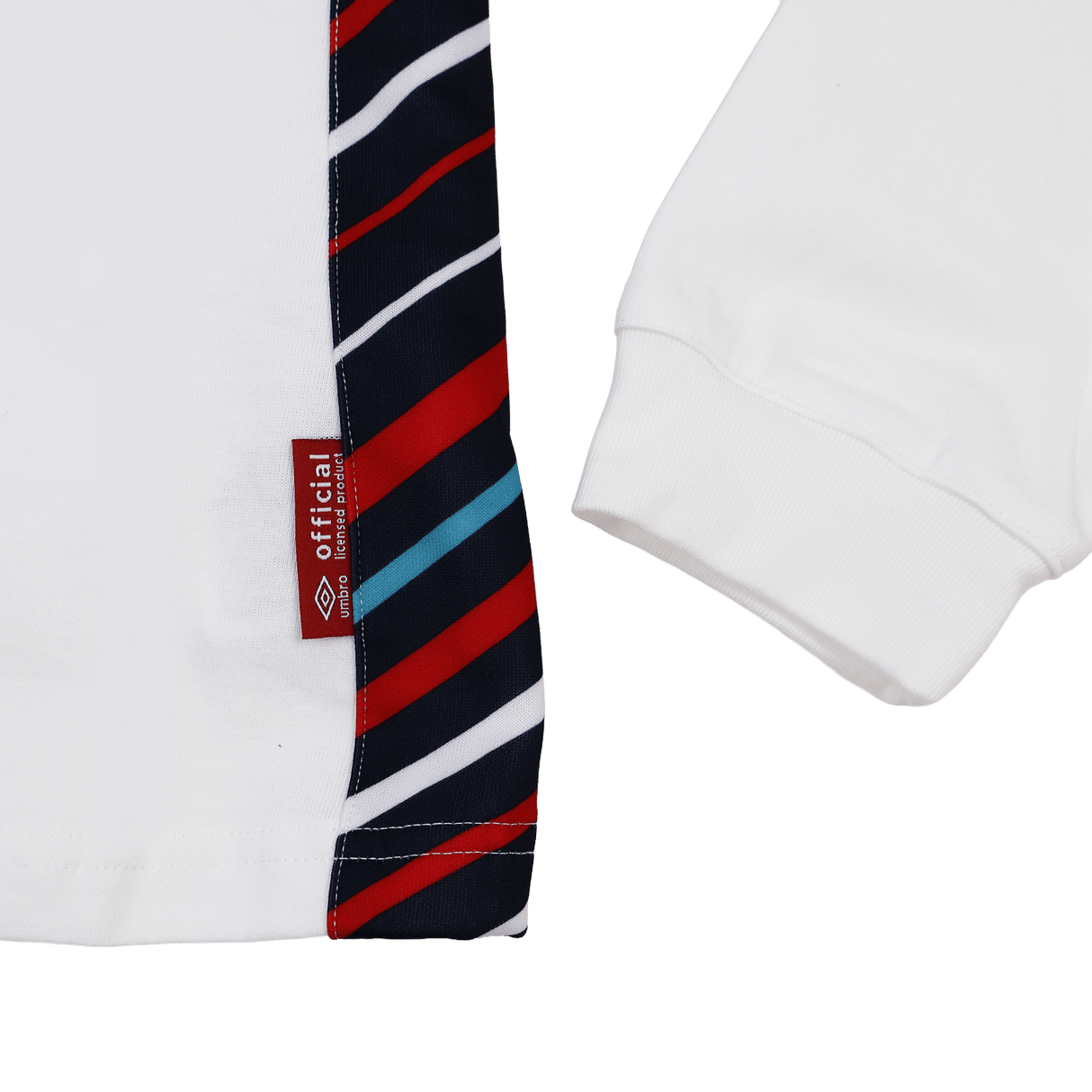 Close-up of the Women's England 24/25 Home Classic LS Jersey by Umbro, highlighting its classic long sleeves, white sleeve detail, red "official" tag, and a panel with diagonal red, black, and blue stripes.
