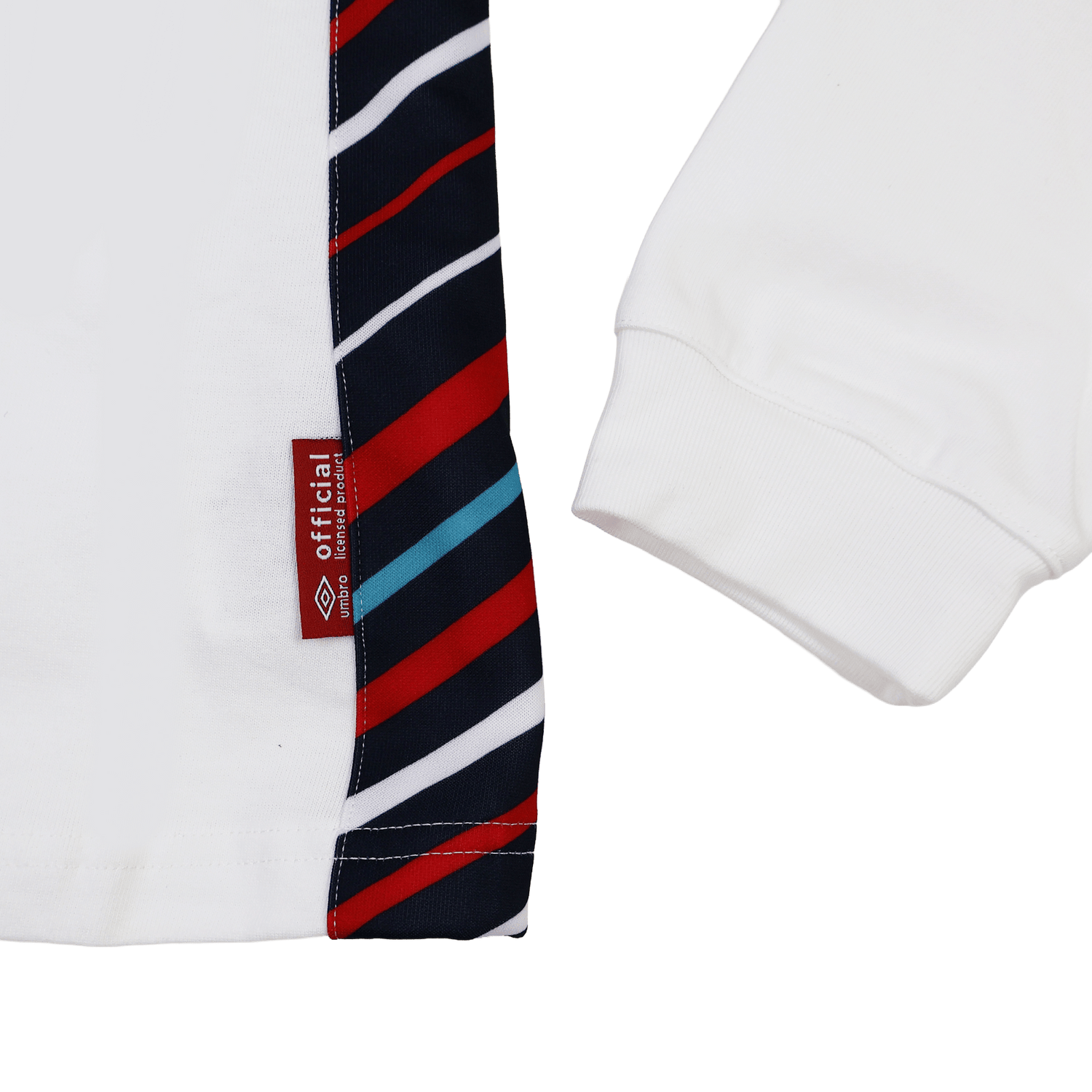 Close-up of the Women's England 24/25 Home Classic LS Jersey by Umbro, highlighting its classic long sleeves, white sleeve detail, red "official" tag, and a panel with diagonal red, black, and blue stripes.