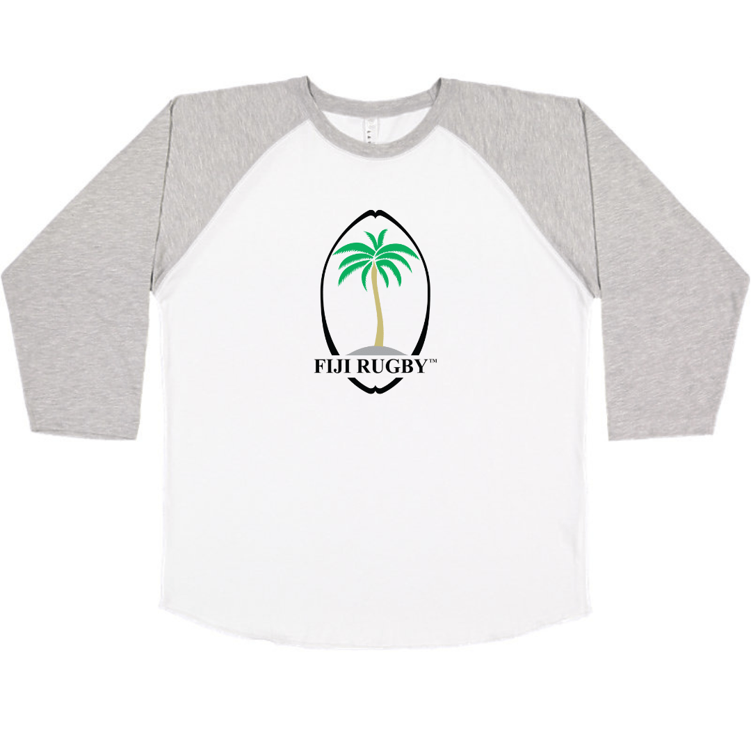 White and grey 3/4 sleeve baseball tee with vintage Fiji Rugby logo.