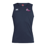 The Girls Rugby Club Dry Singlet by EMB Canterbury is a navy blue, sleeveless top with "girls rugby" in pink and white, a white logo on the chest, and advanced Vapodri Technology for high-performance sportswear.