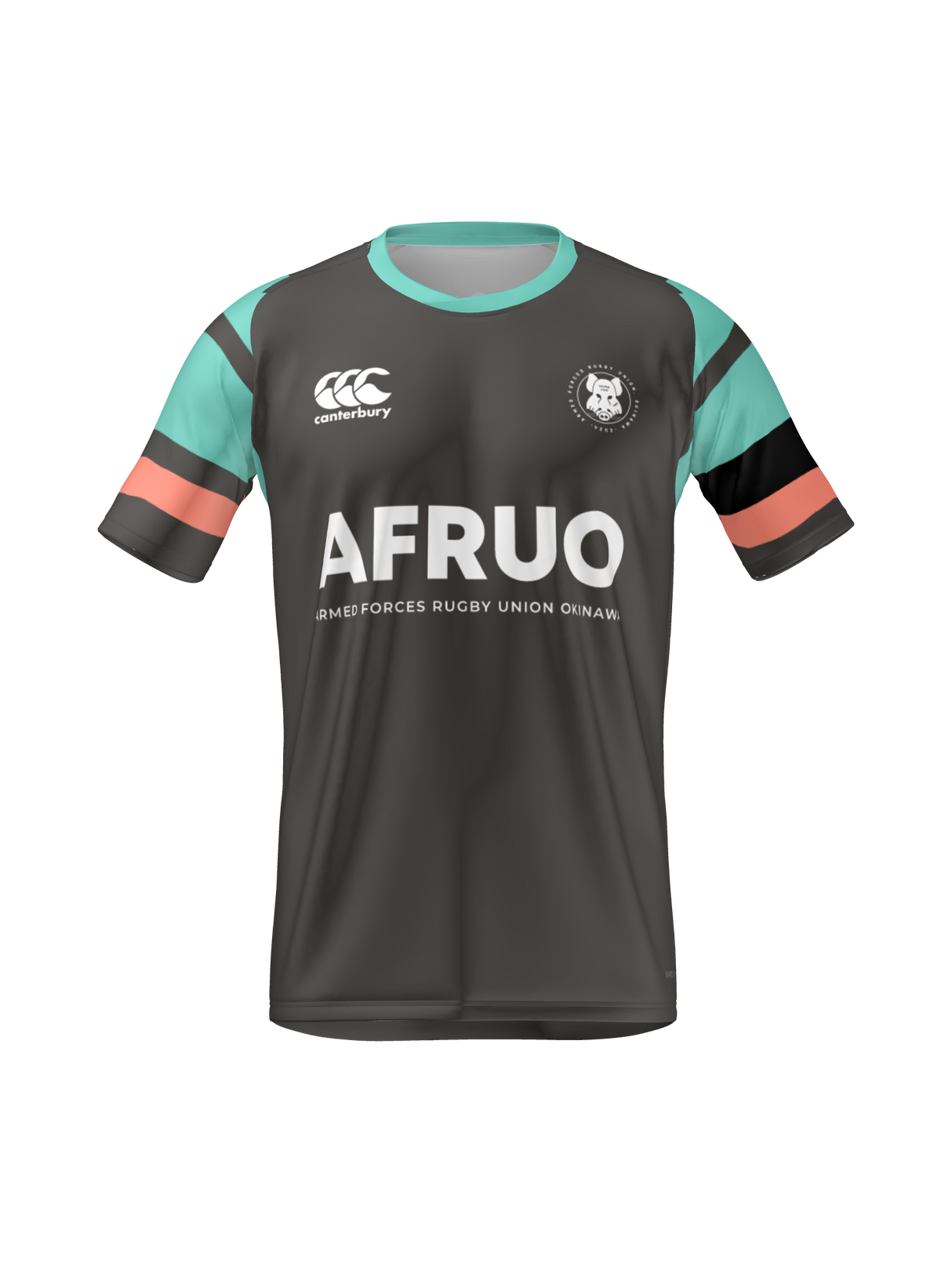 The Armed Forces Okinawa Canterbury Men's Maka Reversible Jersey by Teamatical is a dark gray rugby jersey with mint and coral sleeve accents, "AFRUO" text, Canterbury logo, and an owl badge on the chest.