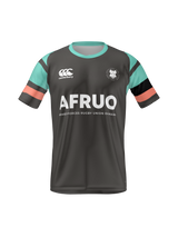 The Armed Forces Okinawa Canterbury Men's Maka Reversible Jersey by Teamatical is a dark gray rugby jersey with mint and coral sleeve accents, "AFRUO" text, Canterbury logo, and an owl badge on the chest.