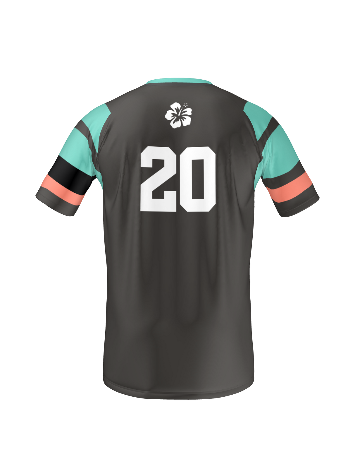 The Teamatical Armed Forces Okinawa Canterbury MENS MAKA REVERSIBLE JERSEY REGULAR features a black design with teal and orange sleeve stripes, a white hibiscus flower on the upper back, and the number 20 in white.