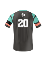 The Teamatical Armed Forces Okinawa Canterbury MENS MAKA REVERSIBLE JERSEY REGULAR features a black design with teal and orange sleeve stripes, a white hibiscus flower on the upper back, and the number 20 in white.
