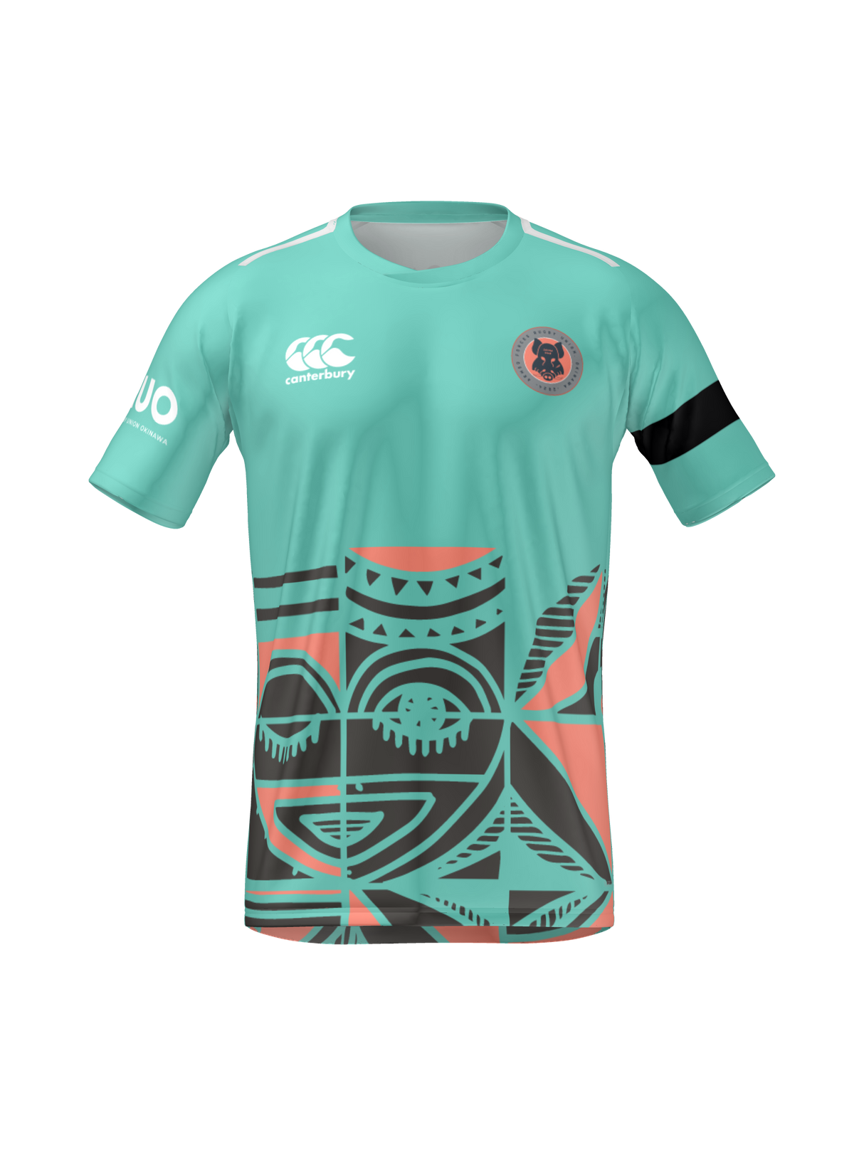 The Teamatical Armed Forces Okinawa Canterbury Men's Maka Reversible Jersey Regular features teal and coral Polynesian-inspired geometric patterns, a black armband, sponsor logos, and a circular badge on the left chest.